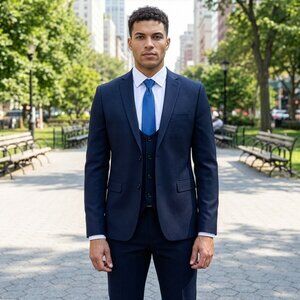 New 2026 Mens 3pc Solid Textured Dark Navy Suit Set, Hybrid Fit 2 (H2)